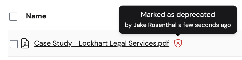 Knowledge Base list showing document with Deprecated badge