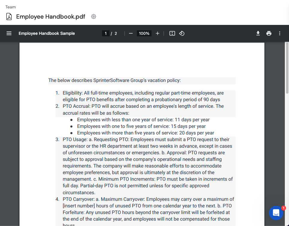 Document viewer showing the contents of an uploaded Employee Handbook PDF