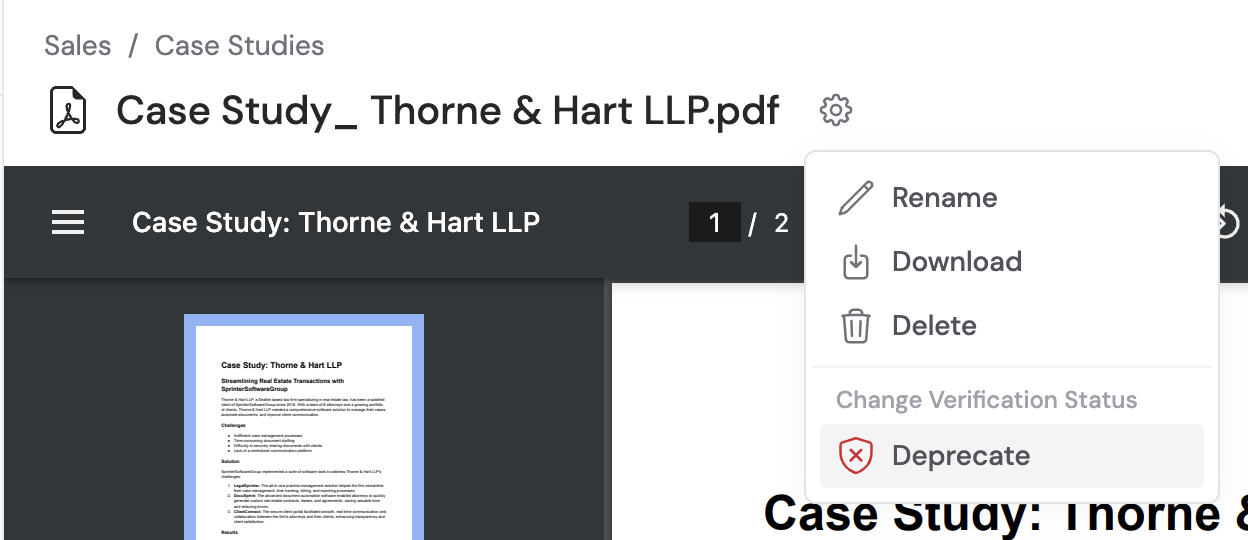 Document viewer settings menu showing Rename, Download, Delete, and Deprecate options