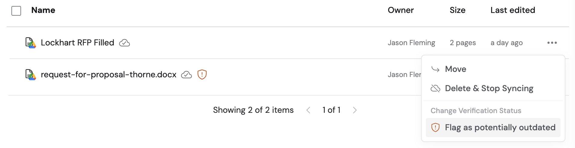 Knowledge Base document list with ellipsis menu showing Flag as potentially outdated option