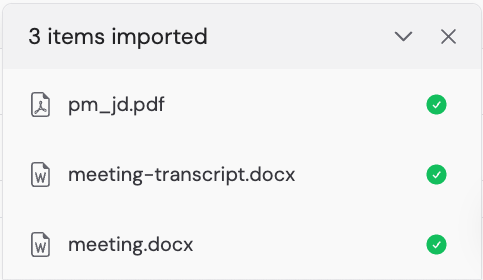 Upload confirmation showing three files successfully imported from a folder