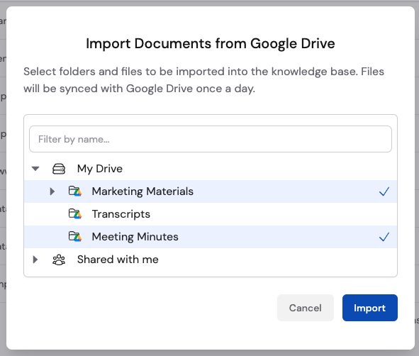 Google Drive file picker showing folders and files available for import