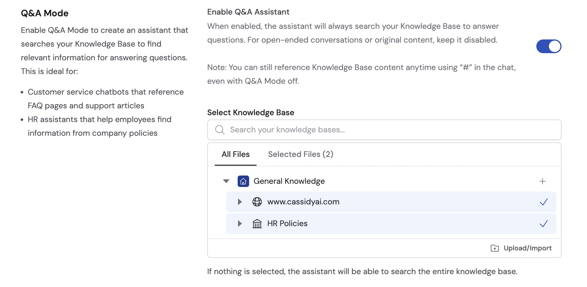 Agent Knowledge section showing Select Knowledge Base with an Answer Hub selected