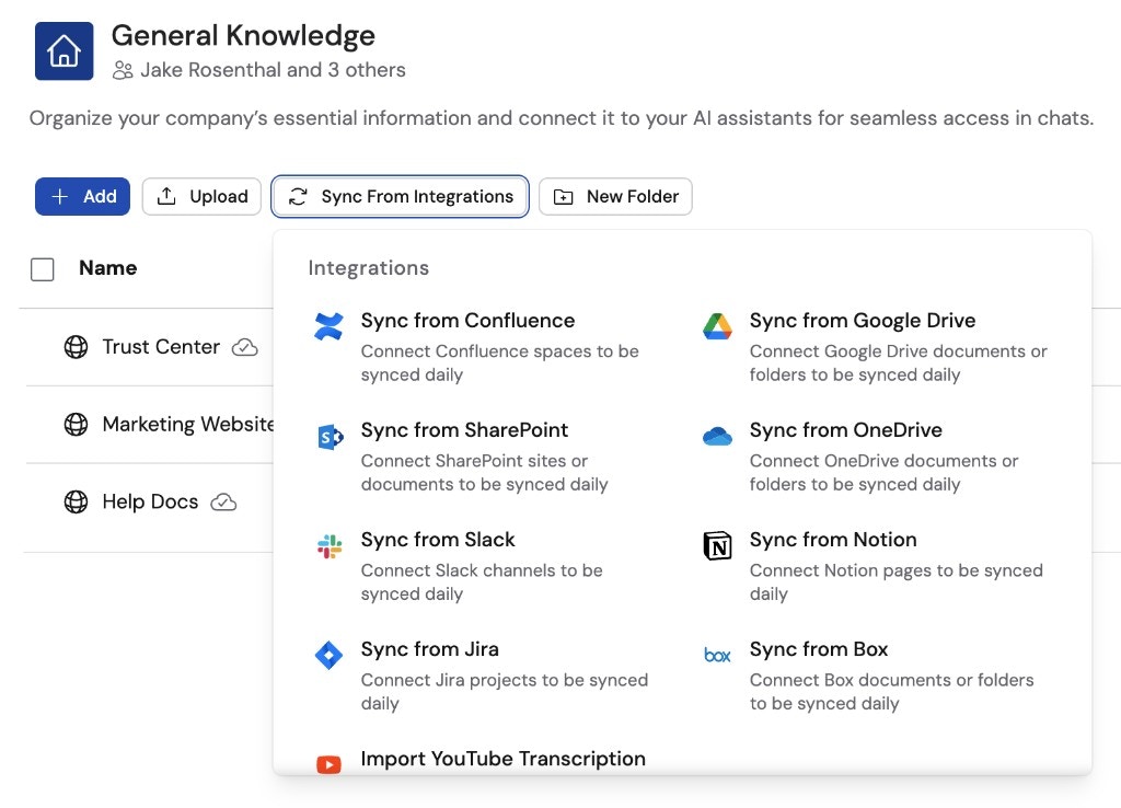 Knowledge Base Sync From Integrations dropdown showing Sync from OneDrive option