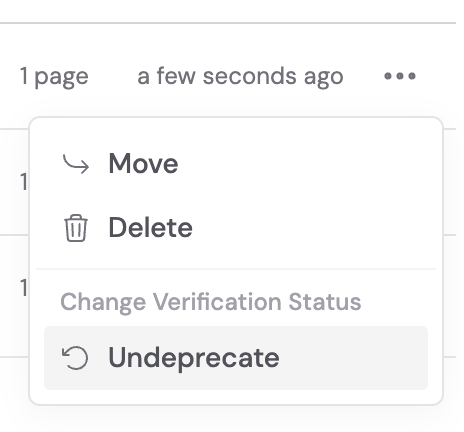 Ellipsis menu showing Undeprecate option for a deprecated document