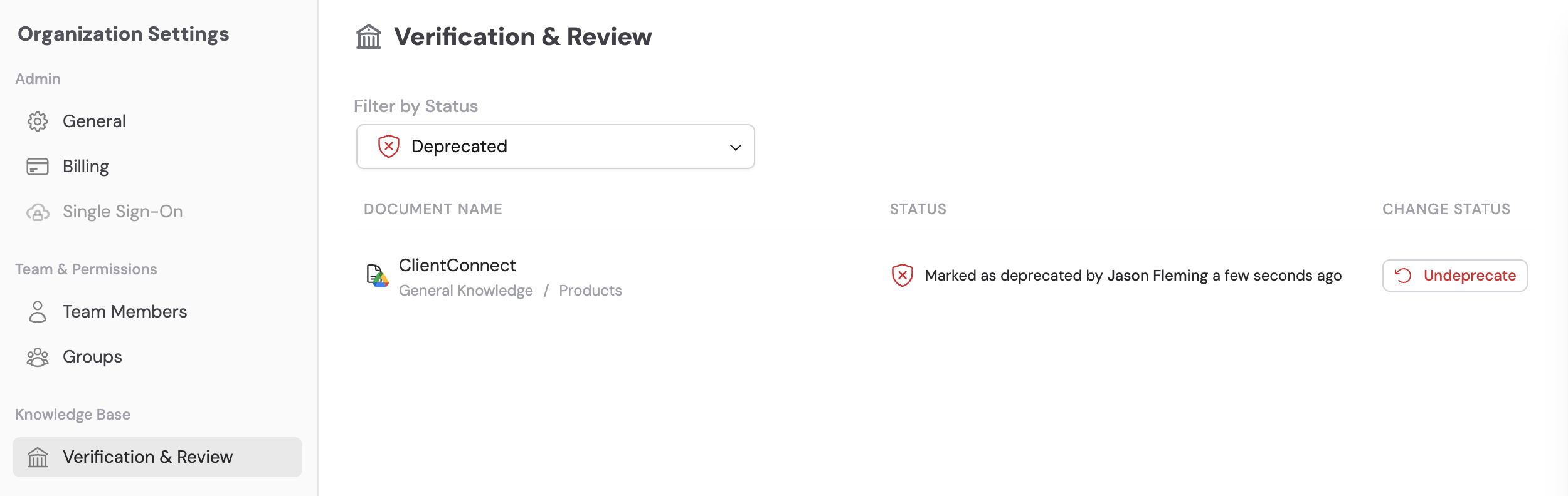 Settings page with Verification and Review section showing flagged items across collections