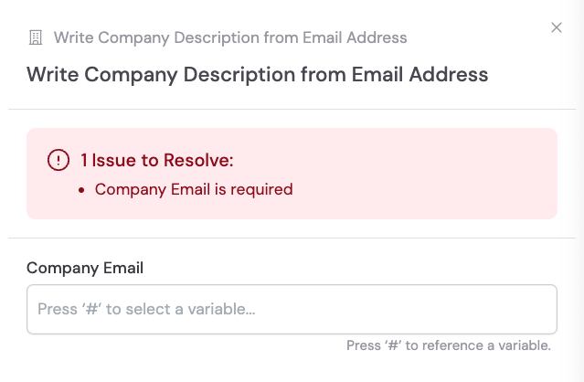 Adding the Write Company Description from Email Address action between blocks