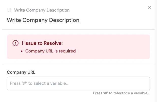 Adding the Write Company Description action between blocks