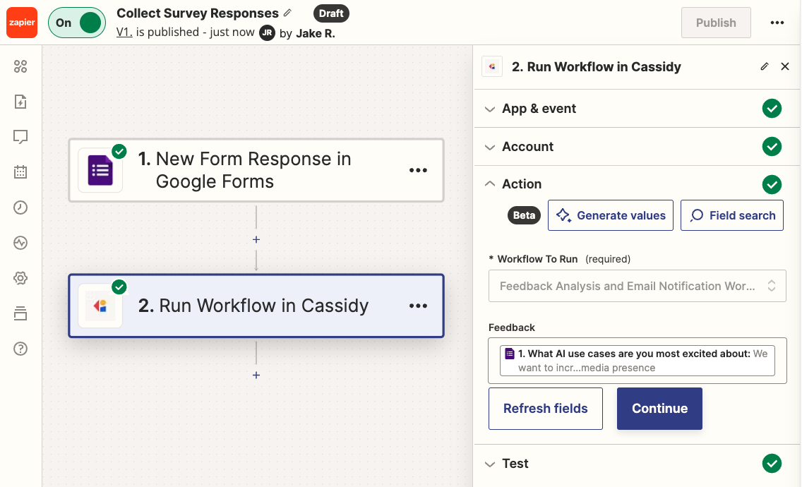 Zapier action step mapping Cassidy trigger input fields to Zap data