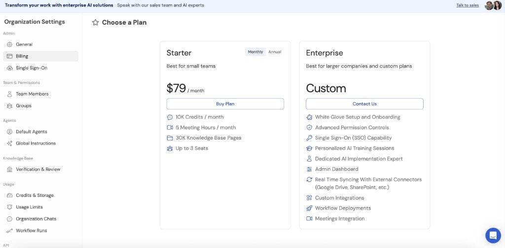 Billing page in Organization Settings showing current plan details