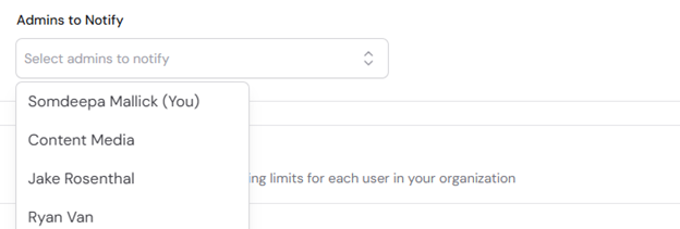 Admins to Notify selector for credit usage alerts