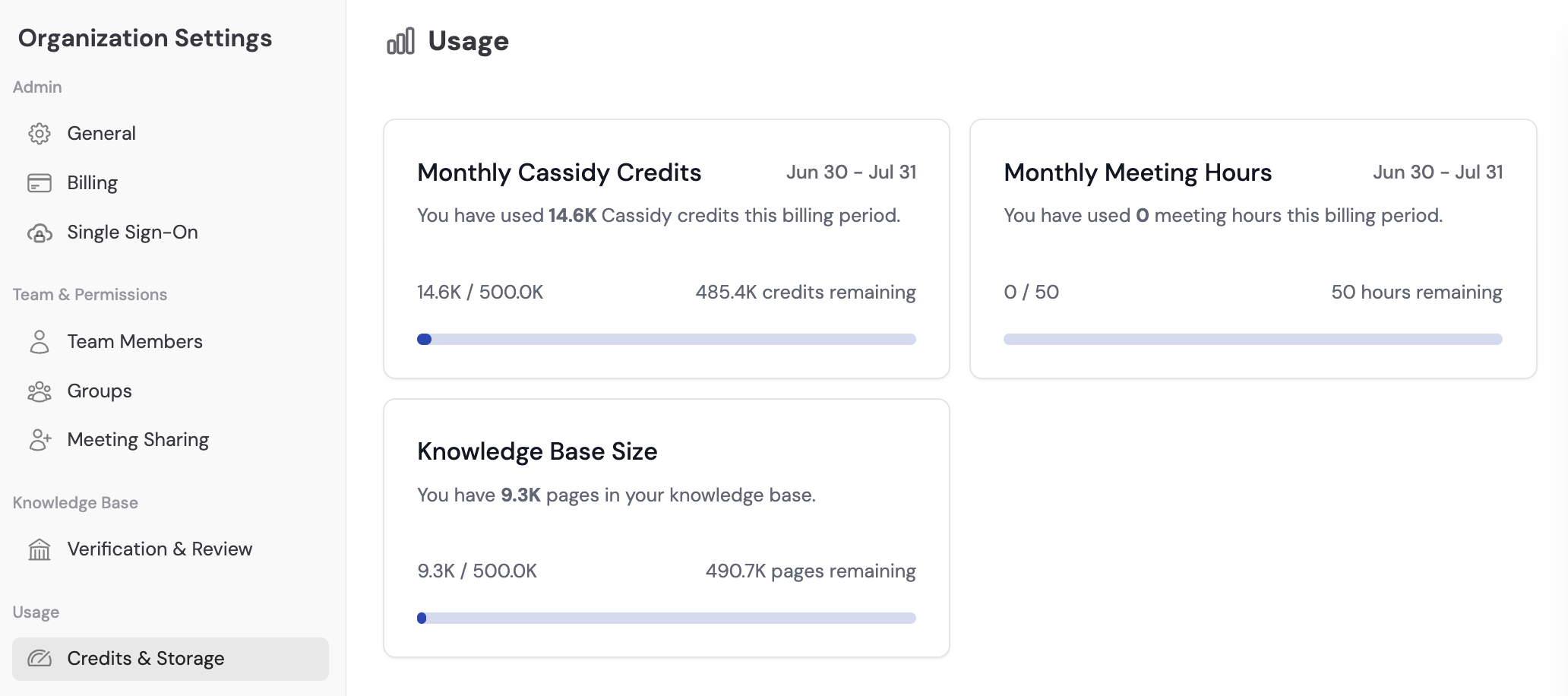 Credits and Storage dashboard showing credit usage, storage, and meeting hours