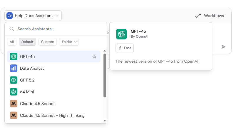 Chat Agent selector showing Default Agents available for a new chat