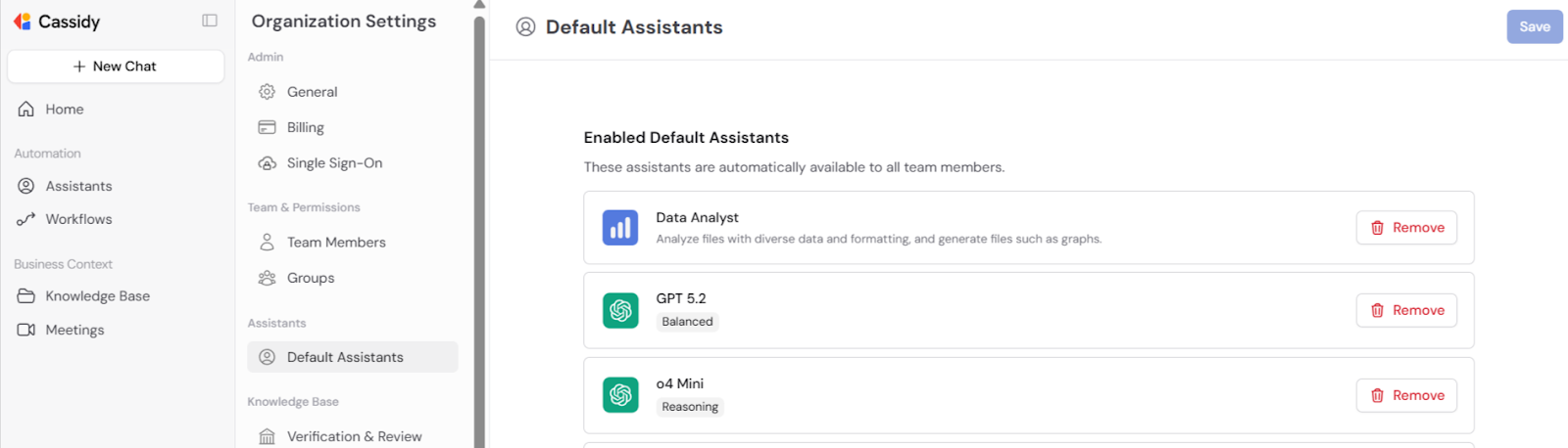 Default Agents settings page showing list of currently enabled default Agents