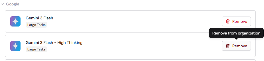 Default Agents list with remove button next to an Agent