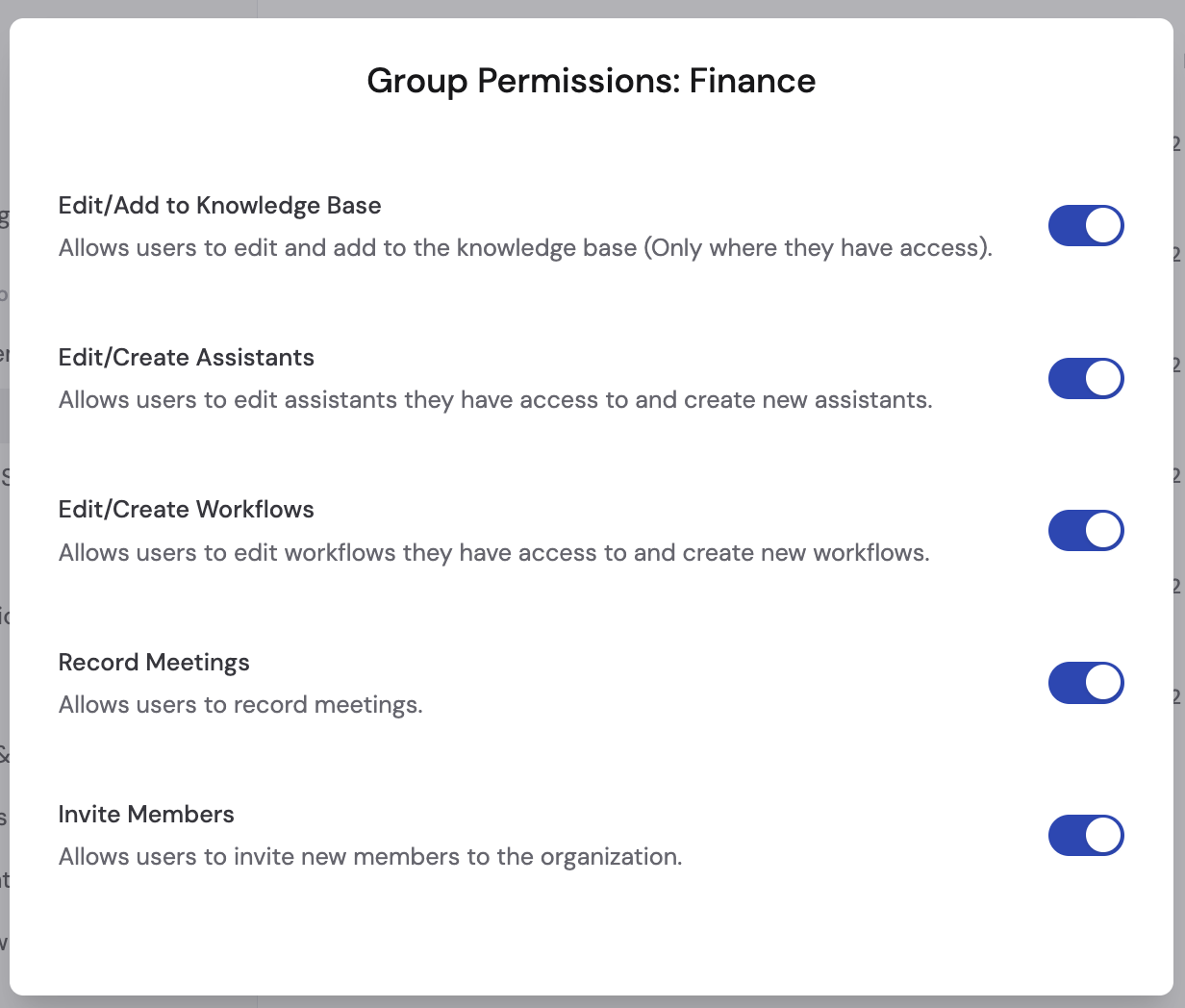 Group creation form showing permission toggles for Knowledge Base, Agents, Workflows, and more