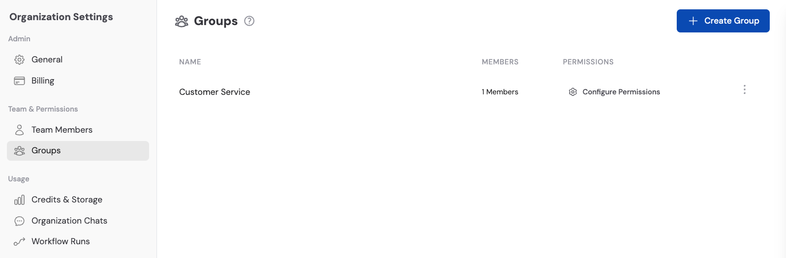 Groups page in Organization Settings showing list of existing groups