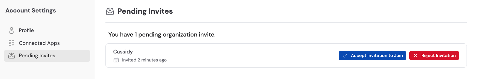 Pending Invitations screen with Accept and Reject buttons