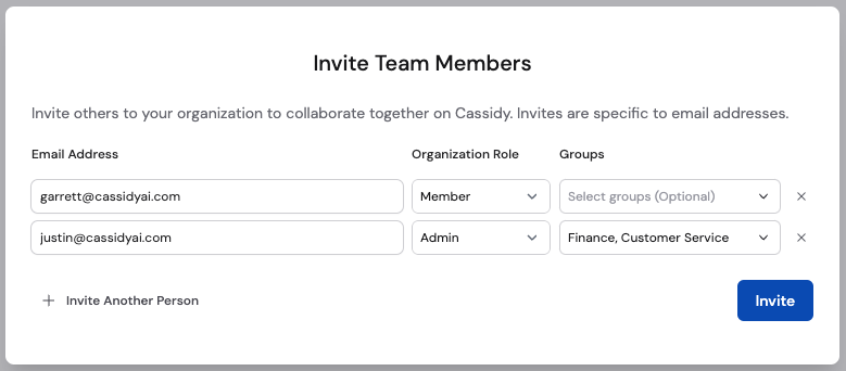 Invite Members modal with email, role, and groups filled in ready to send