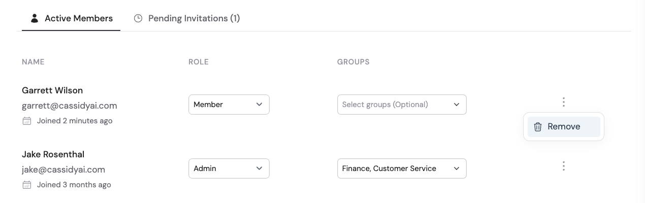 Member row with ellipsis menu showing the Remove option