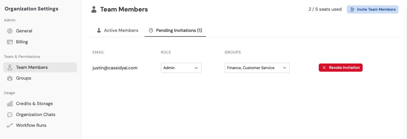 Pending invitation with Revoke Invitation button