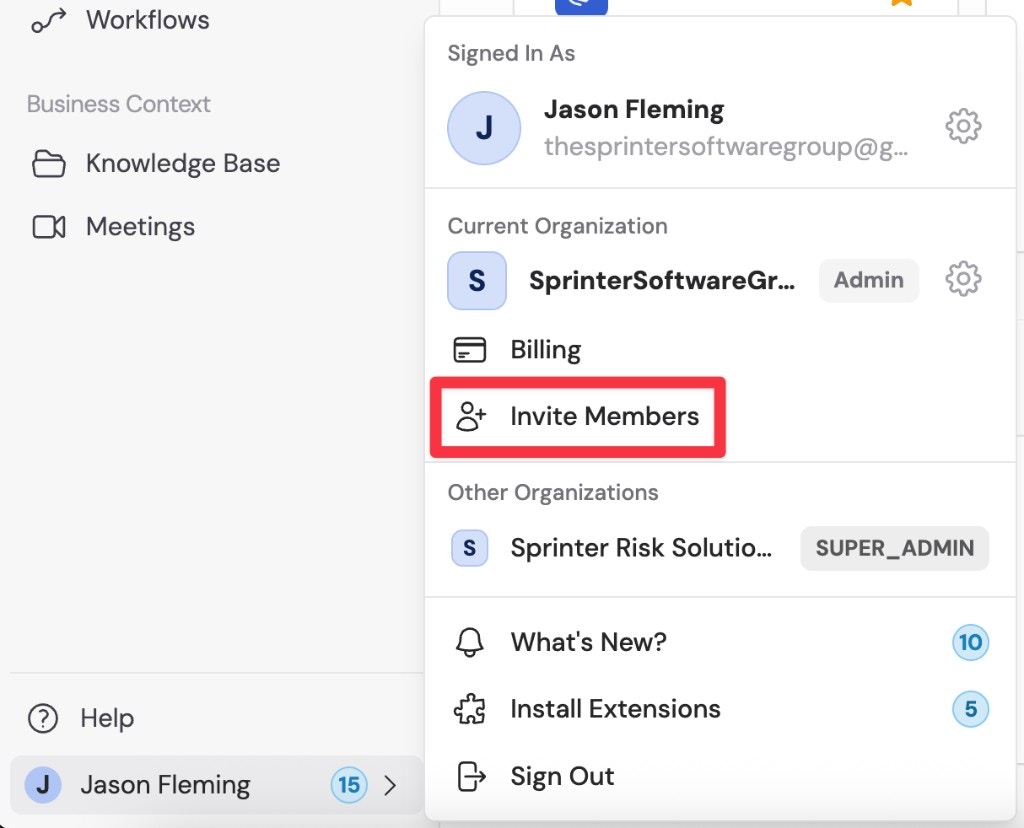 Sidebar menu showing the Invite Members button
