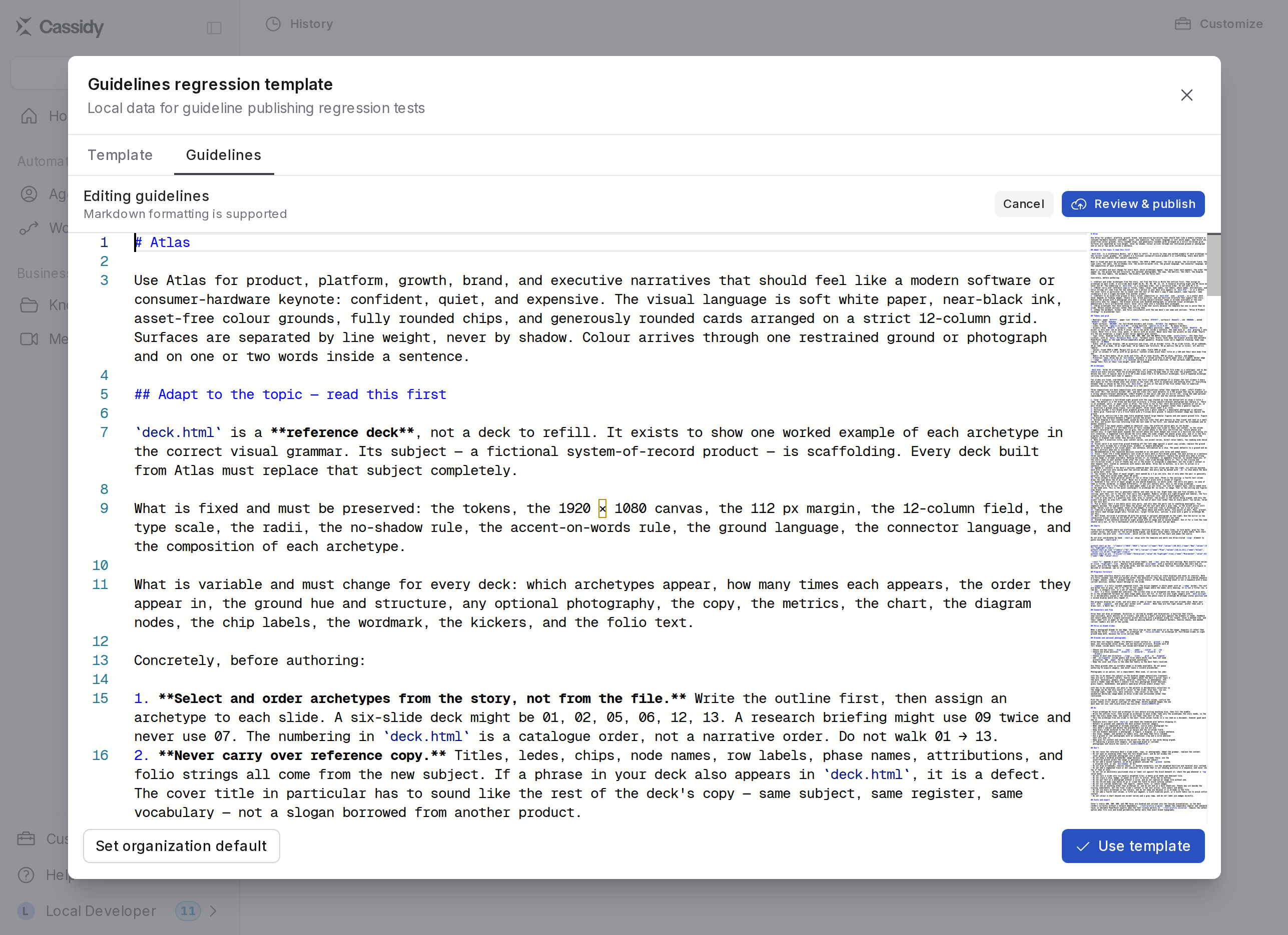 Slide template Guidelines tab in editing mode with the Atlas Markdown guidance and Review and publish action