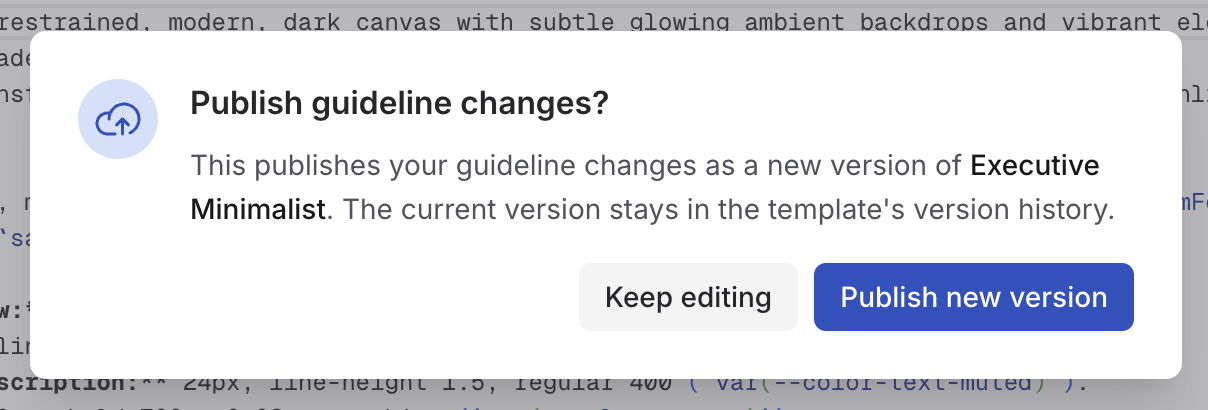 Publish guideline changes confirmation with Keep editing and Publish new version actions