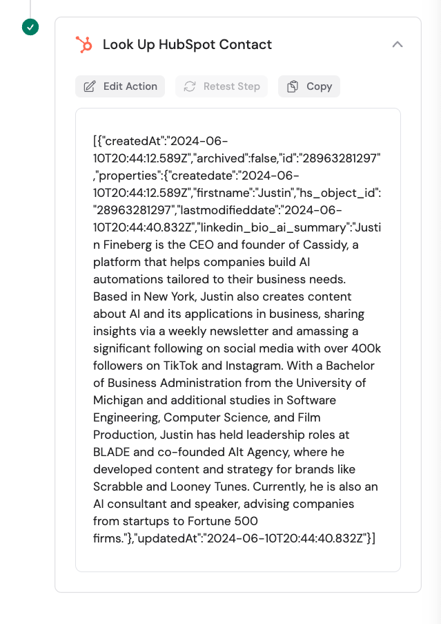 Sample output showing the looked-up HubSpot record fields