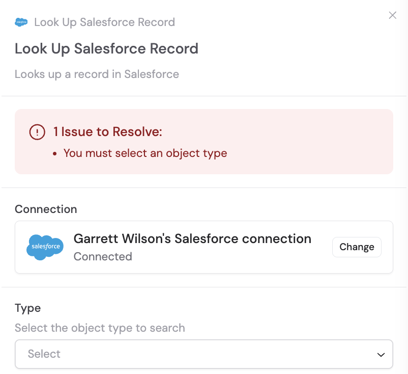 Salesforce connection prompt in the action configuration