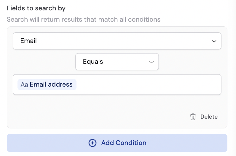 Search criteria configuration with field, operation, and value
