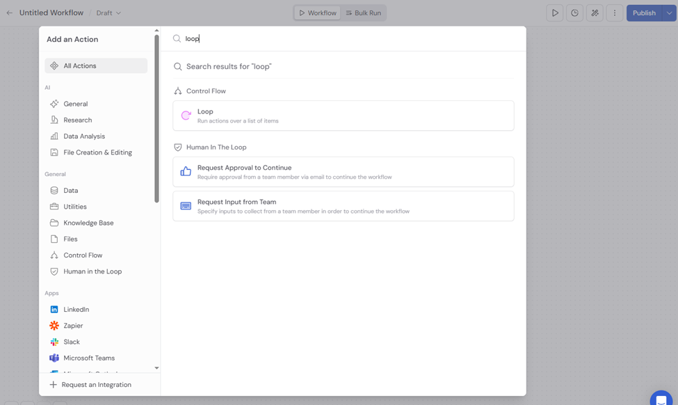 Loop action selected from the action library