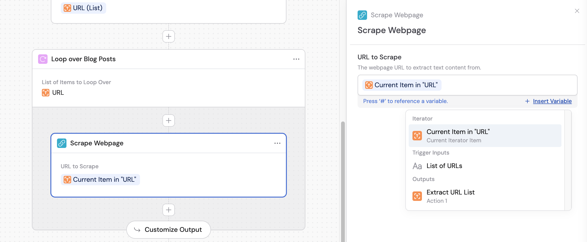 Current item variable selected from the Loop section