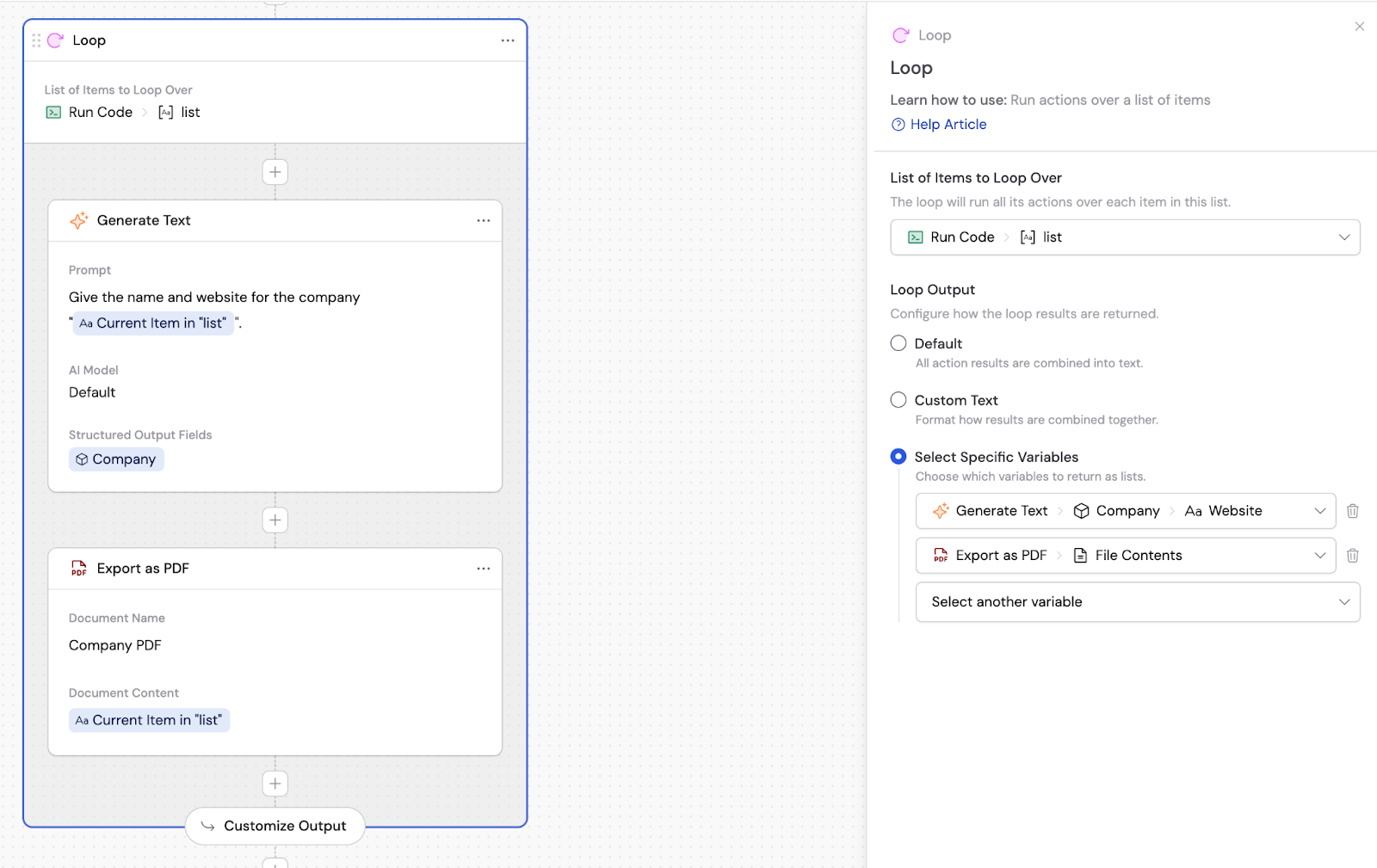 Selected variables returned as lists