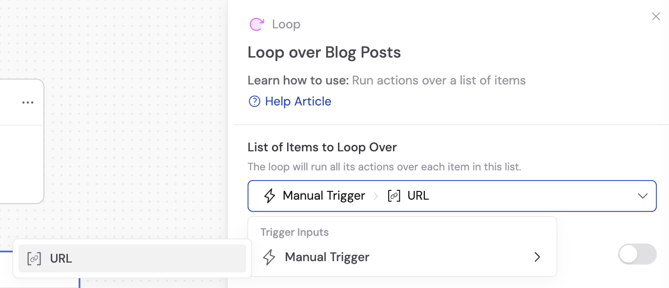 Variable selector showing available list variables