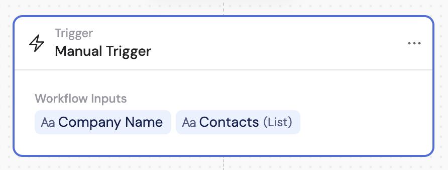 Workflow builder showing trigger type selection with Manual highlighted