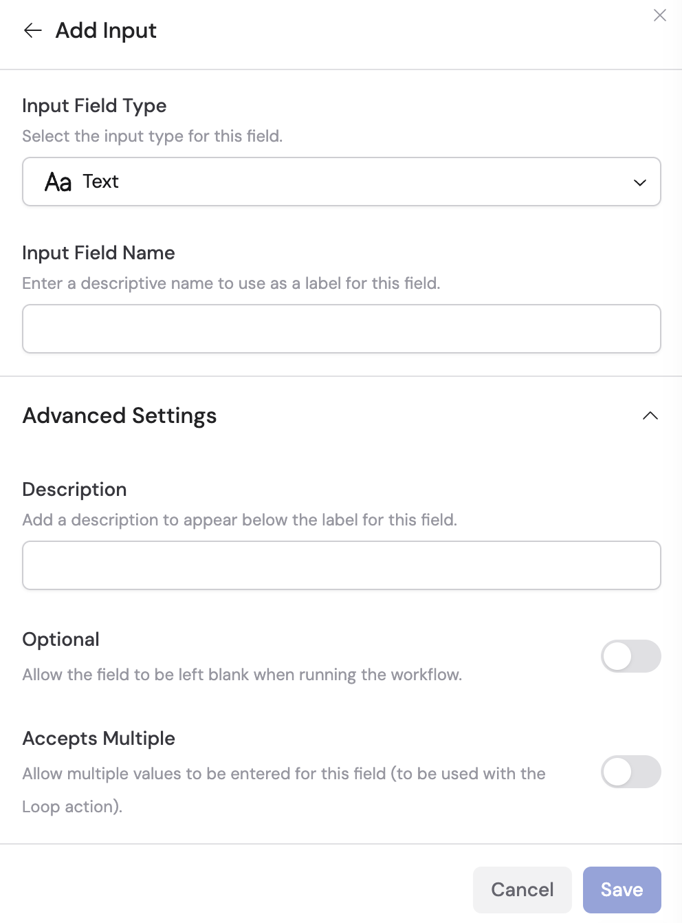 Manual trigger with the + Add button for input fields