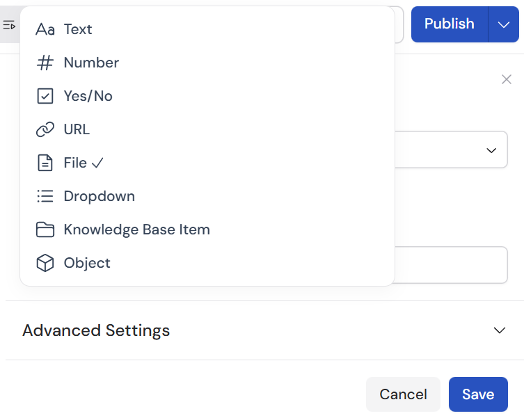 Input field type selector dropdown
