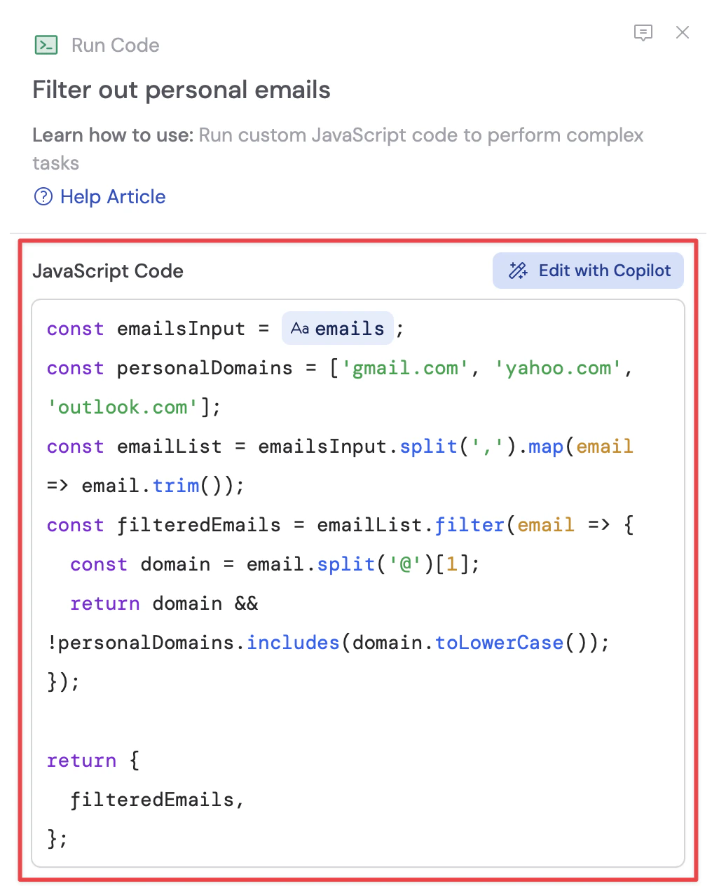 Generated JavaScript code from the Copilot prompt