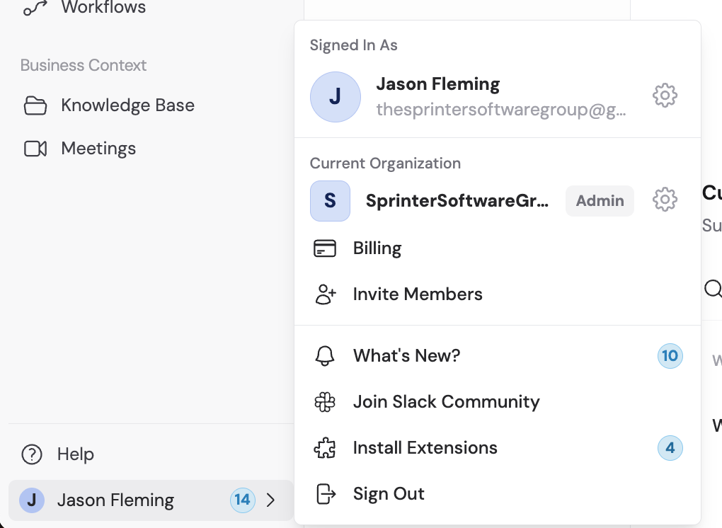 Sidebar showing the settings icon next to your name