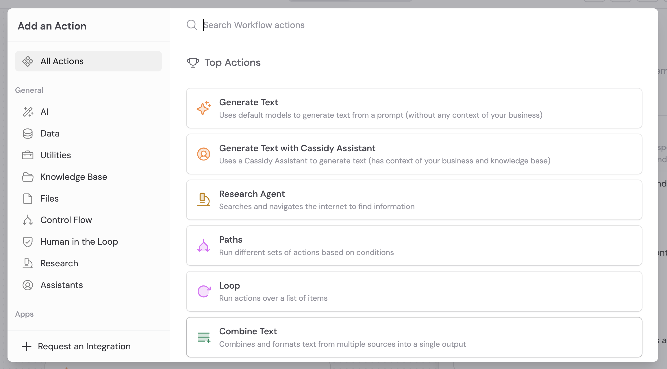 Add action modal showing the action library with search and category options
