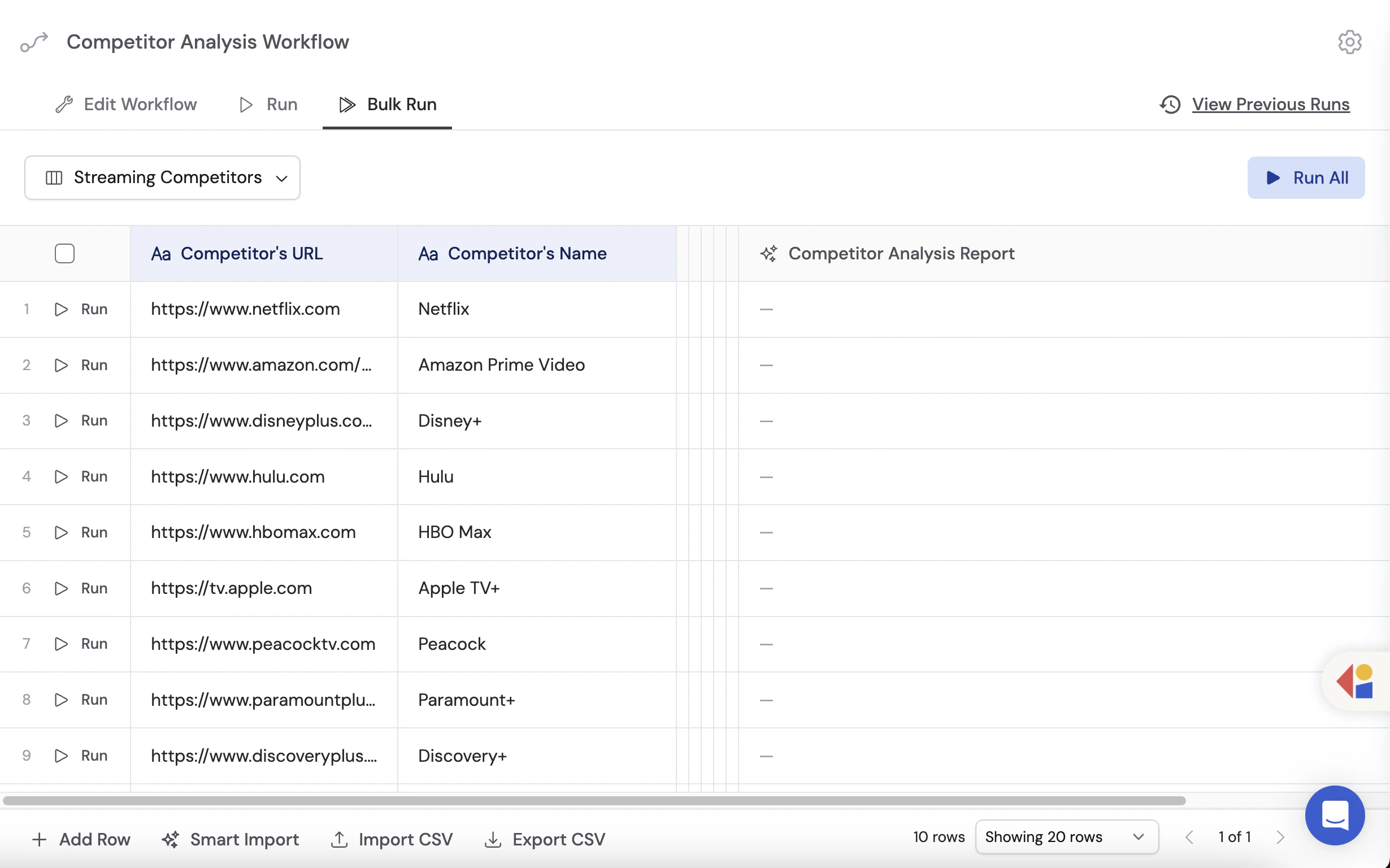 Bulk run table populated with imported CSV data