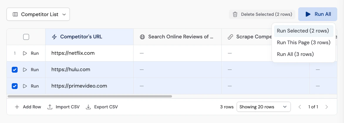 Bulk run table with row checkboxes and the Run All button