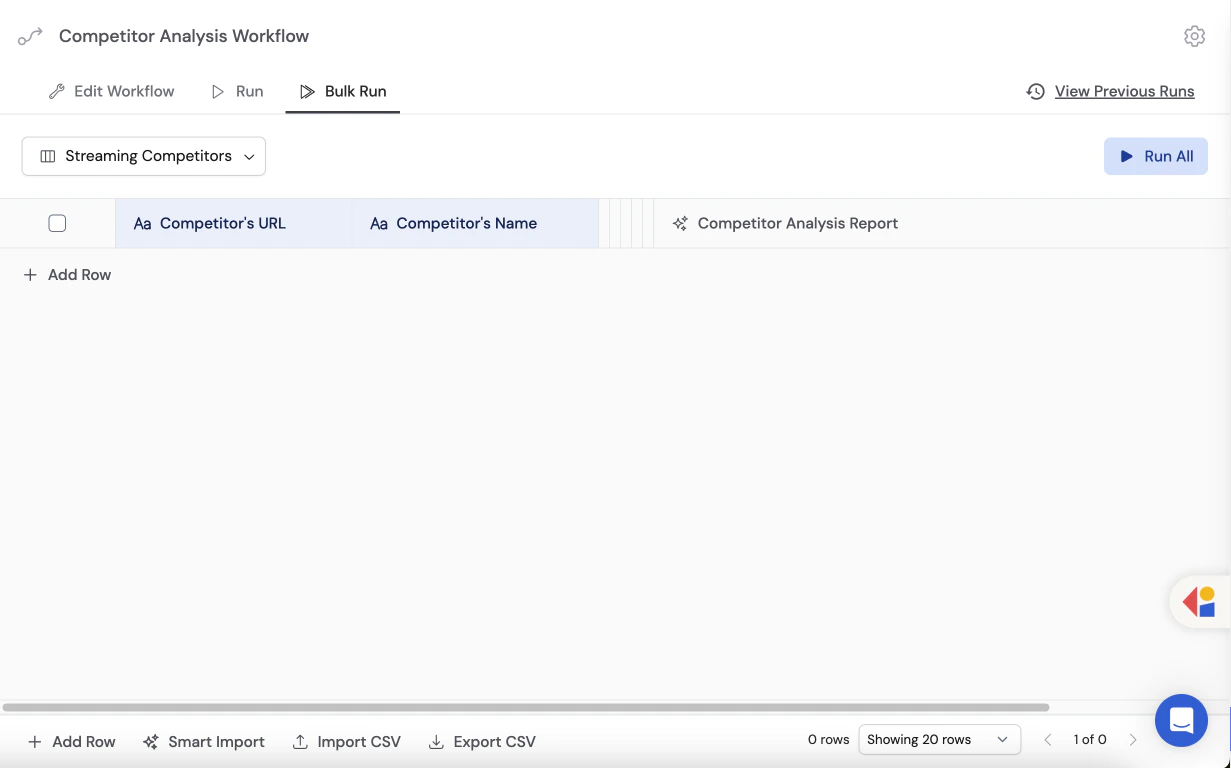 Bulk Run tab on a Workflow showing the data table