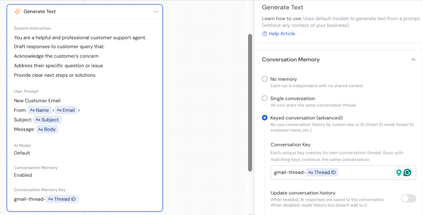 Keyed conversation settings showing the Conversation Key field with a variable reference and Update conversation history toggle
