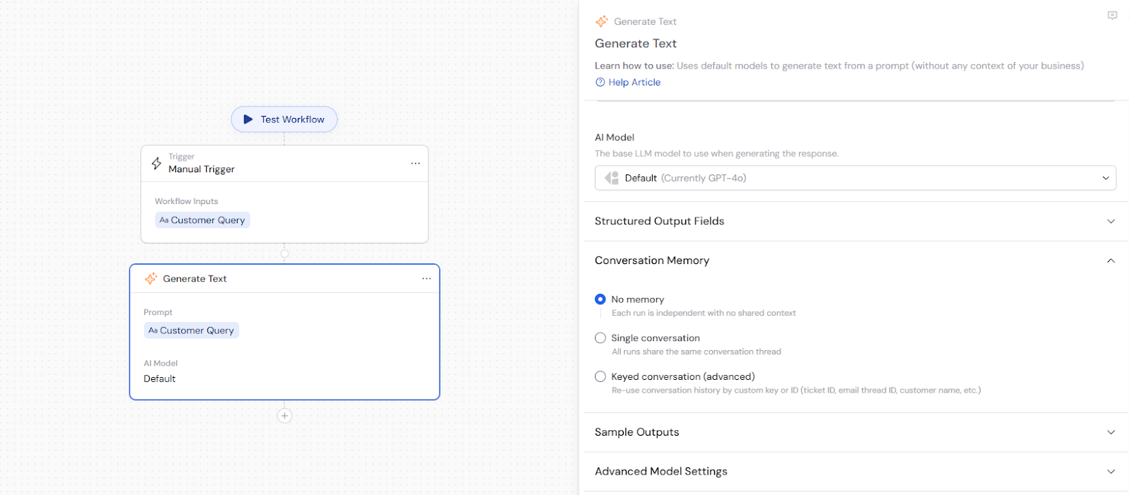 Action settings sidebar with the Conversation Memory section expanded showing No memory, Single conversation, and Keyed conversation radio buttons