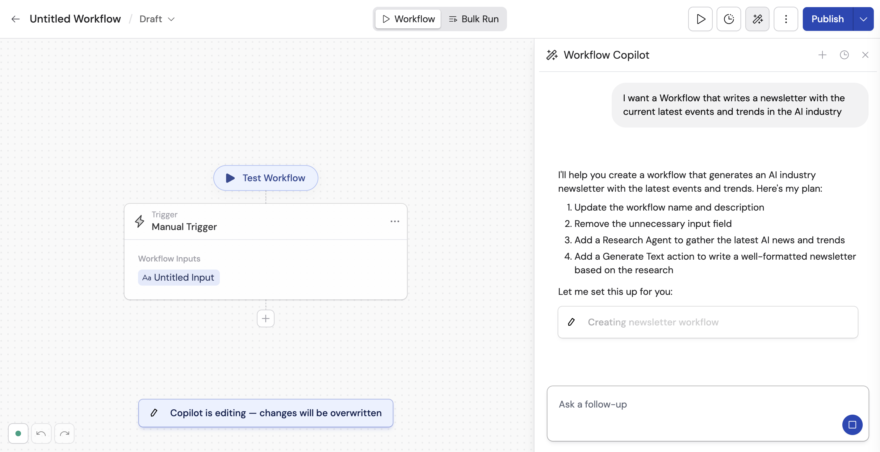 Workflow Copilot chat panel showing a conversation about building an automation