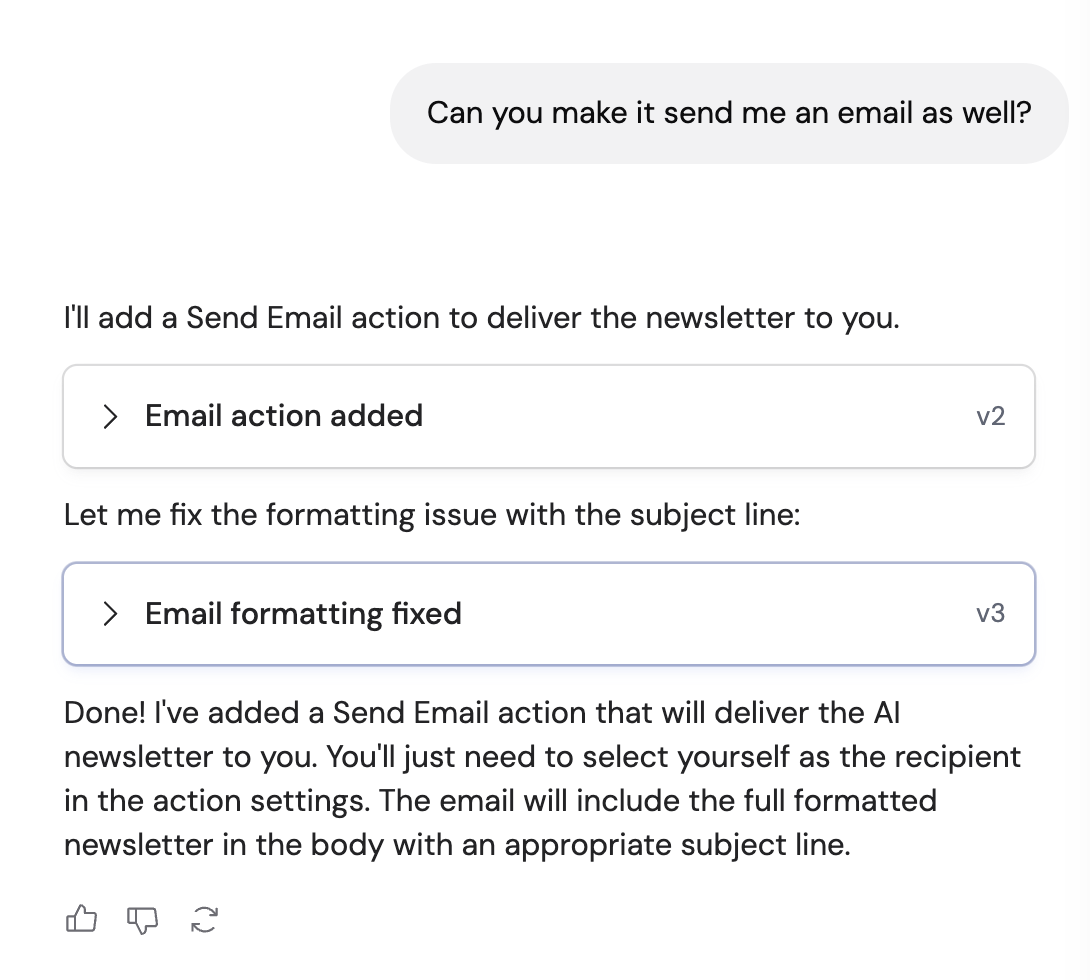 Copilot conversation showing follow-up refinements to the Workflow