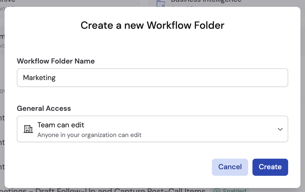Create folder dialog showing access level options: Team can edit, Team can view, and Restricted