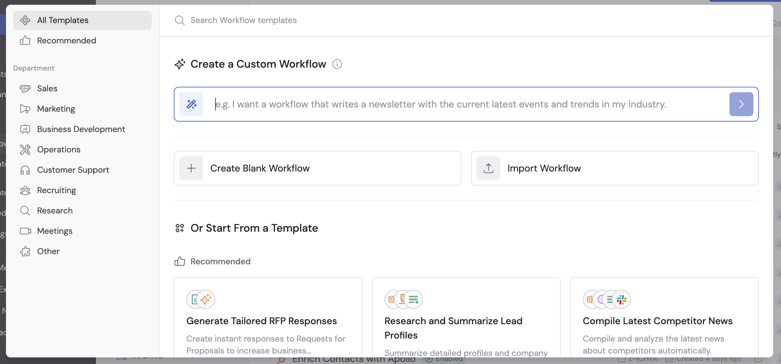 New Workflow modal showing Custom Workflow, Blank Workflow, Import, and Template options
